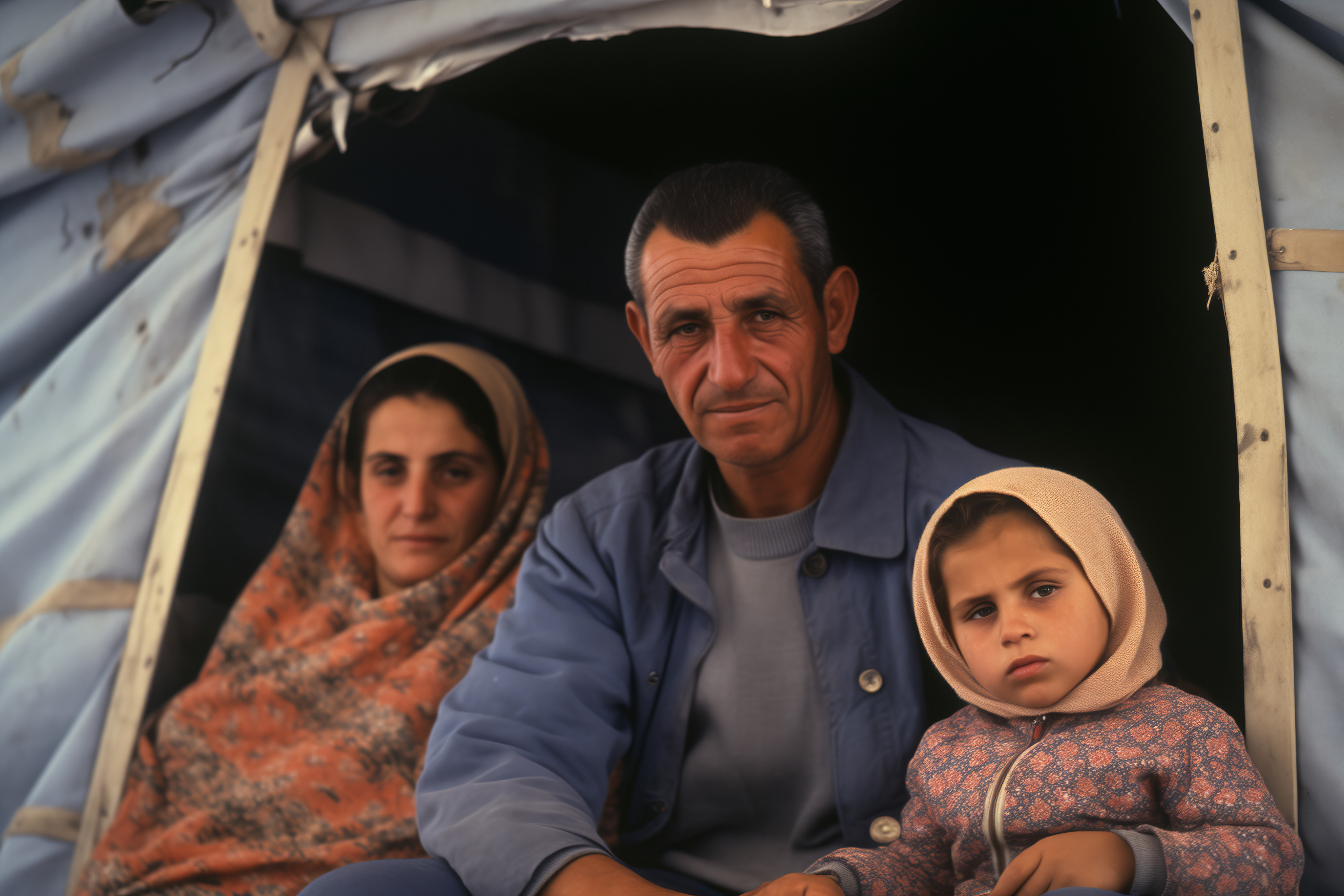 Refugees in Afghanistan sit near a tent